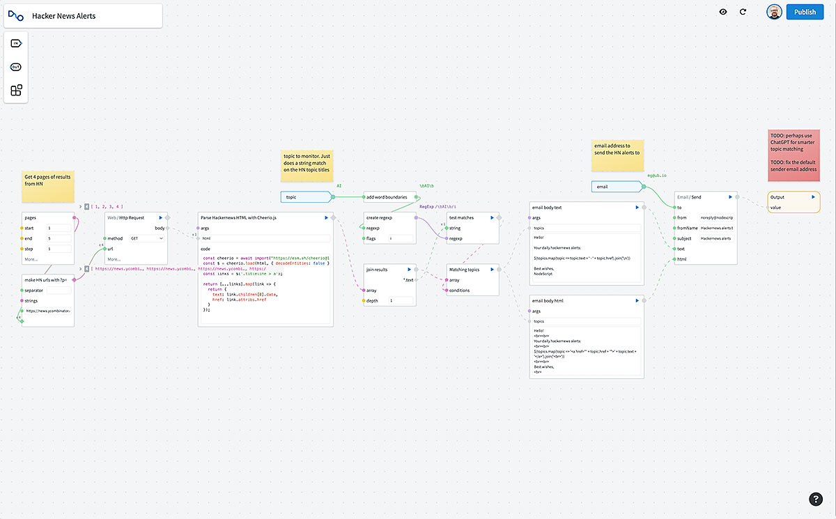 Screenshot of the NodeScript example, Alerts for your HackerNews topics